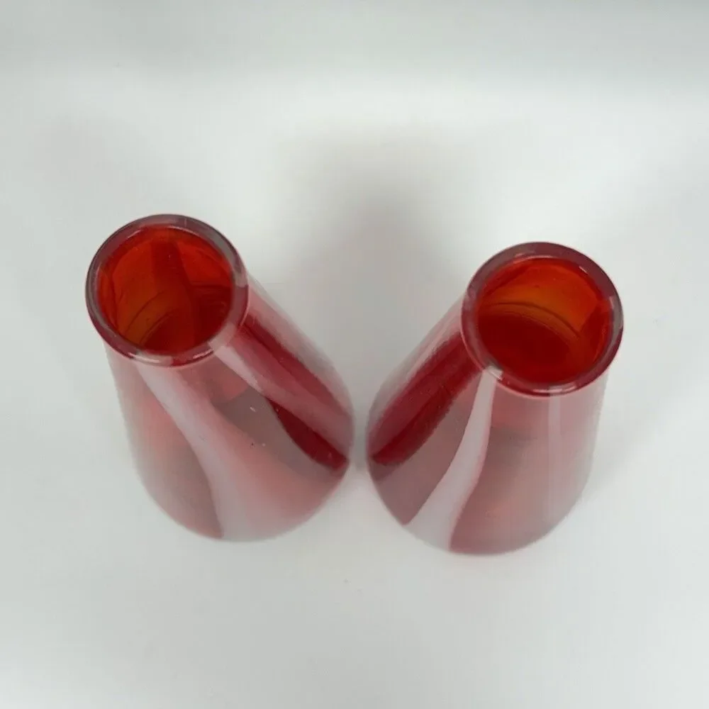 Pair Hand Blown Art Glass Bud Vases Red White Swirl Cased Glass 6”